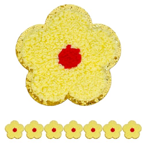 FEIDICK 8 PCS 2.3 inch Flower Chenille Patches, Self Adhesive Patches for Clothing, Stick on Embroidered Patches for Bags,Iron on Patches for Hats, Patches for Backpacks, Patches for Jeans (Yellow)