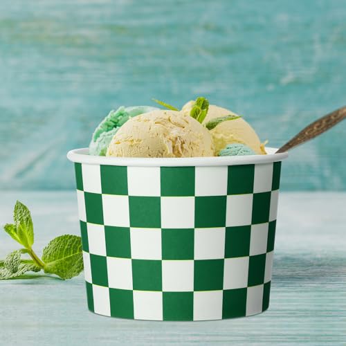Image of Zopeal 50 Count Dark Green Checkered Ice Cream Cups Disposable Race Car | Dessert Bowls 9 oz, Paper Ice Cream Bowls, Birthday Party Supplies, Snack Cups Sundae Picnic Yogurt Bowls for Food