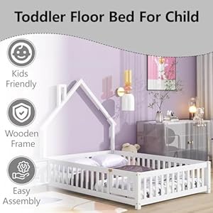 Full Size Montessori Floor Bed for Toddlers 1 3 Wooden Kids Floor Bed Frame with Fence Gate Door for Girls Boys House Shaped Headboard Without Slats White