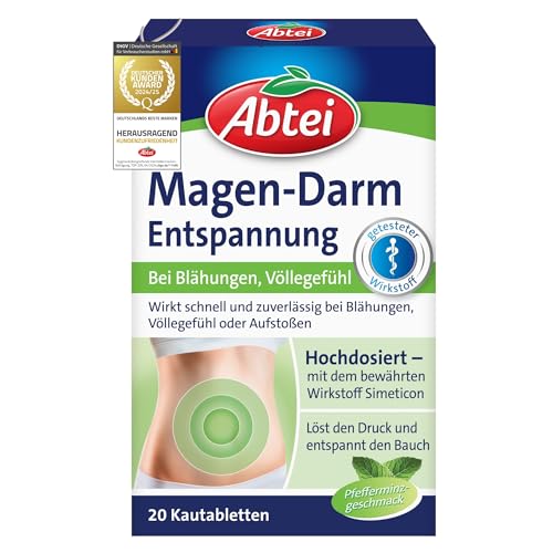 Abtei Magen Darm Entspannung - bei Blähungen, Völlegefühl und Aufstoßen - hochdosiert - mit Simeticon - Pfefferminzgeschmack - 1 x 20 Kautabletten