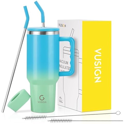 VUSIGN 40 oz Tumbler with Handle and Straw Lid, Stainless Steel Vacuum Insulated Tumbler Travel Mug Water Bottle Cup for Water Iced Tea Coffee Smoothie Car, Blue-Green Mixed Cover