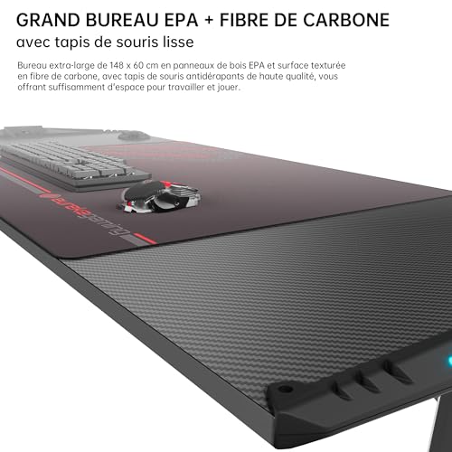EUREKA ERGONOMIC Bureau Gaming LED Bureau Gamer 140x60 cm Bureau Informatique pour Gaming PC avec Lumière RGB, Gratuit Tapis Souris, Porte Gobelet, Crochet Casque – vue 5