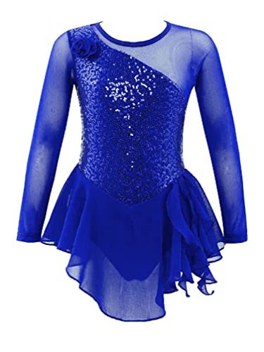 Linjinx Kids Girls Sparkly Sequins Figure Ice Skating Dress Floral Long Sleeve Cutout Back Gymnastic Leotard Tutu Dress Royal Blue 8 Years #TOP5