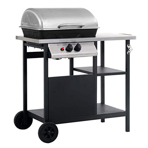 Vidaxl Barbacoa De Gas Bbq Parrilla Cocina Portátil Fuego Grill Con Mesita Y 3 Estantes De Acero Recubrimiento Polvo Negro Plateado Butano Lpg Propano