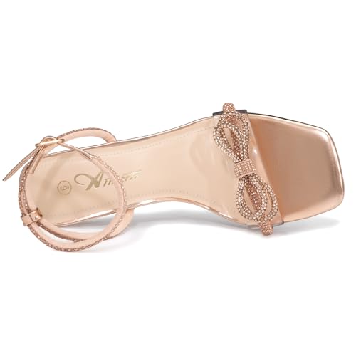 Athlefit Women's Rhinestone Bow Heels Open Square Toe Block Low Heel Sandals Dressy Buckle Heeled Champagne Prom Heels Size 8 by Athlefit - Used condition - Image 5