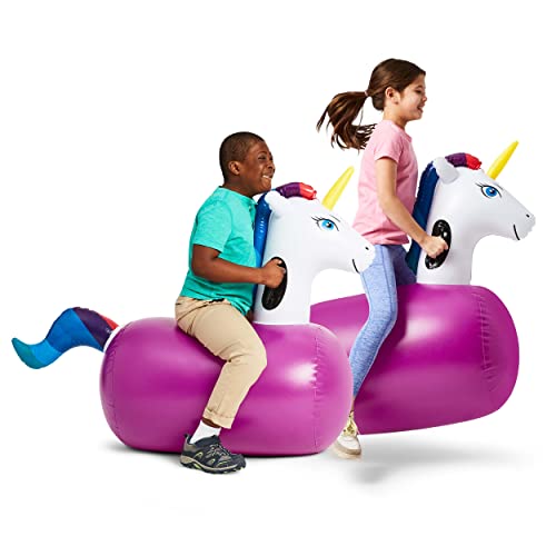 Hearthsong Hop N Go Inflatable Unicorn Riding Bouncy Hopping Toys for Kids Ages 5+ - Ride On Bouncer Animal Hopper Jumping Toys for Outdoor Games (2 Pack)