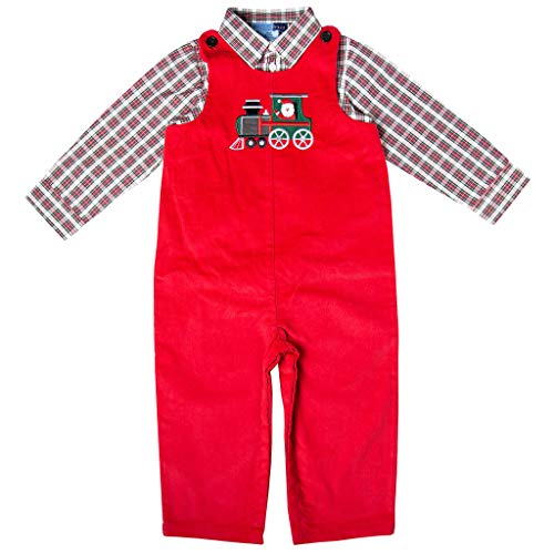 Good Lad Newborn Infant Boy Red Corduroy Overall Set with Train Applique (24M)