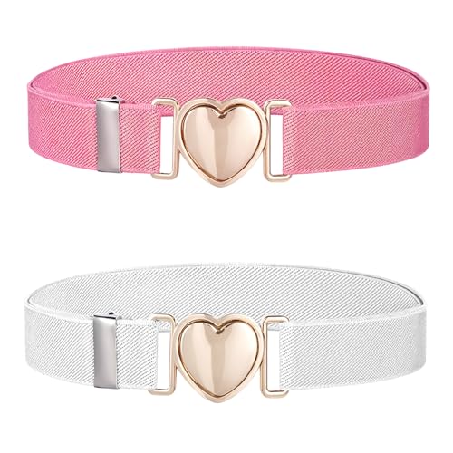 2Pcs Girls Belt, Elastic Waist Belts for Girls Adjustable Heart Buckle Stretch Belts for Pants Jeans Dress (Pink and White)