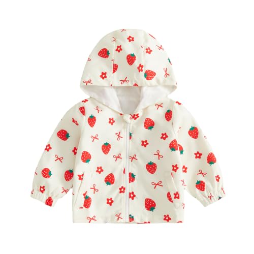 Emmababy - Emmababy Toddler Baby Girl Windbreaker Jacket Zip Up Hoodie Long Sleeve Sweatshirt Infant Spring Clothes Fall Winter Coats (Strawberry print-Beige, 18-24 Months) (53% Off Amazon Deal)