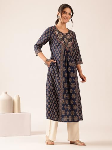 Image of Vbuyz Women's Floral Print A-Line Cotton Stitched Kurta