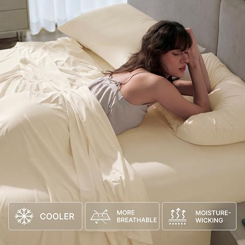 Breescape Cooling Sheets King Size - BlendTek Dry & Cool Technology Cooling Bed Sheets for Hot Sleepers and Night Sweats, Q-Max>0.46 Tech King Sheet Set, Deep Pocket Up to 18", Ivory by Breescape - Used condition - Image 4