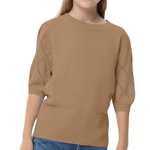 Girls' mid Sleeve Knitted Sweater with Bubble Sleeves Design, Comfortable and Breathable, Versatile Sweater