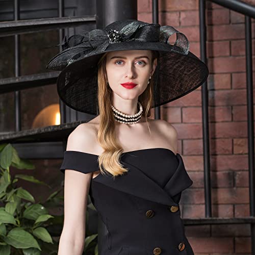 Vintagehat Sinamay Fascinator Hats For Women - Black Church Large Brim Rhinestones Bowknot Kentucky Derby Hat #TOP2
