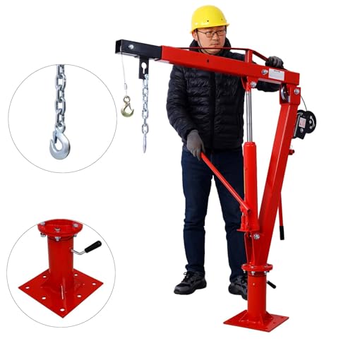 Tomkate Davit Crane, 2000 LBS Hydraulic Pickup Truck Crane with Hand Winch, 44.5” to 59” Working Boom Range, Lifting Range 5” - 82.5”, 360 Degree Swivel (Red)