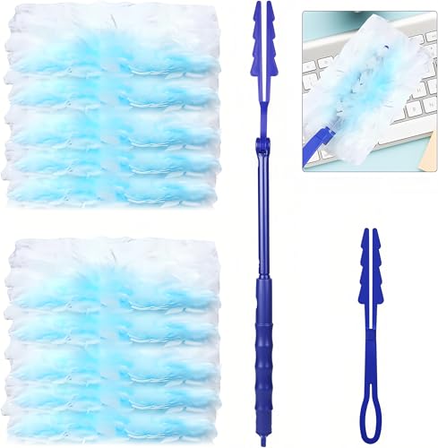 Nadisean Flash Dust Magnet Long Handle with 32Pcs Dust Magnet Refills 180 Fluffy Dusters Refills with Telescopic & Handles Extendable to 90cm Blue Duster Refills for Cleaning Dirt Hair Blinds
