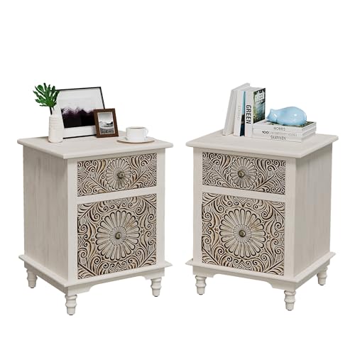 Image of SUNBURY Night Stand Set 2, Accent End Table with Storage, Bedside Table, Vintage Wood Nightstand with Drawers for Living Room, Bedroom, No Assembly Required