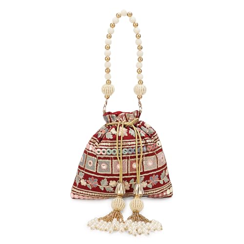 Image of LONGING TO BUY Indian Embroidered Pearl Potli Bag For Women, Sequence Design with Tassel, Wedding Potli Bags