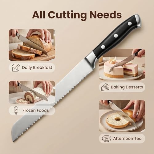 Image of 8 Inch Serrated Bread Knife, Triple Rivet Kitchen Knives with Ergonomic Handle, High Carbon Steel Wavy Edge Baking Cutting Knife for Slicing Homemade Bread, Sourdough, Bagels, Cake