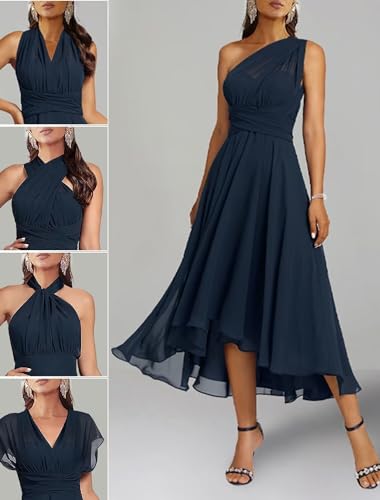 Image of Convertible Mother of The Bride Dresses Chiffon Tea Length Infinity Formal Wedding Guest Dress
