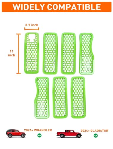 Image of Savadicar Front Grill Inserts with Camera Slot for 2024+ Jeep Wrangler JL JLU 4XE & Gladiator - Elevate Your Wrangler's Aesthetics with Mesh Grille Cover Guard, Exterior Trim Accessories, 7PCs, Green