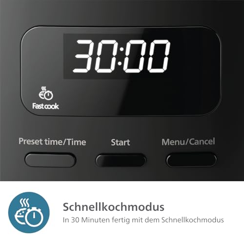 Philips Mini-Reiskocher 3000-Serie – 0,54 l, 5-lagige Bakuhanseki-Beschichtung, 30-Min.-Schnellkochmodus, 5 Kochfunktionen, Schwarz (HD3080/80)