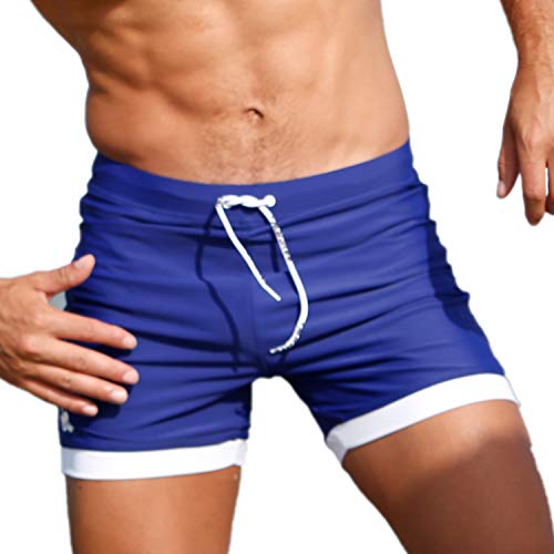 Taddlee Swim Boxer Solid Square Cut Board Shorts Surf Briefs Bikini Men Swimwear Blue
