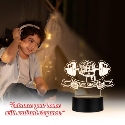 Image of 3D Illusion Gym Theme Hand with Weight Fitness Led Desk Table Lamp | Personalized with Name | Gift for Gym Lover & Gym Trainer | Warm White Light & USB Powered
