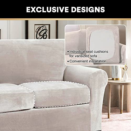 4 Pieces Sofa Covers Stretch Velvet Couch Covers For 3 Cushion Sofa Slipcovers Soft Sofa Slip Covers Furniture Covers With 3 Individual Seat Cushion Covers, Machine Washable (Large, Ivory) #TOP4