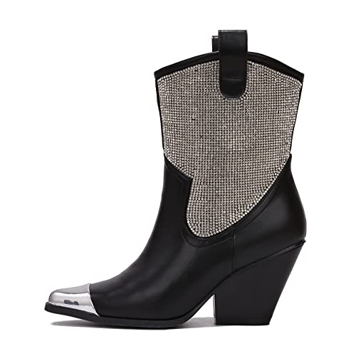 Cape Robbin Women's Western Cowboy Boots - Pointed Toe Pull-On Rhinestone Accents & Chunky Heel (Zephyr)
