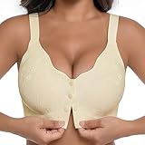 IWOLLENCE Women's Front Closure Bras No Underwire Seamless Wireless Lace Bralettes Seniors Full Coverage Anti Saggy Breast Tshirt Everyday Daisy Bra Plus Size Beige, 2XL