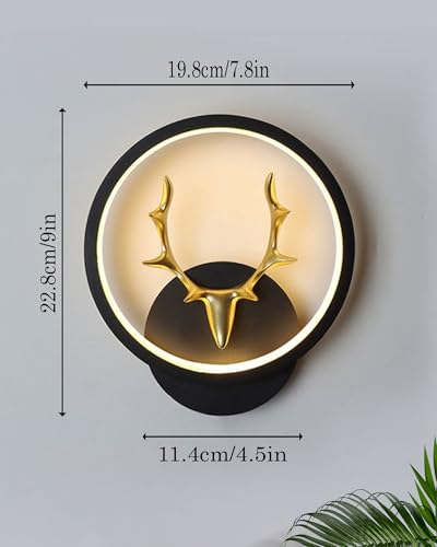 Image of Homesake LED Wall Lamp for Living Room Bedroom, Modern Golden Deer Decorative Wall Light, Warm White Indoor Designer Home Decor Light, Stag Face, Circular Frame, (Black, Round)