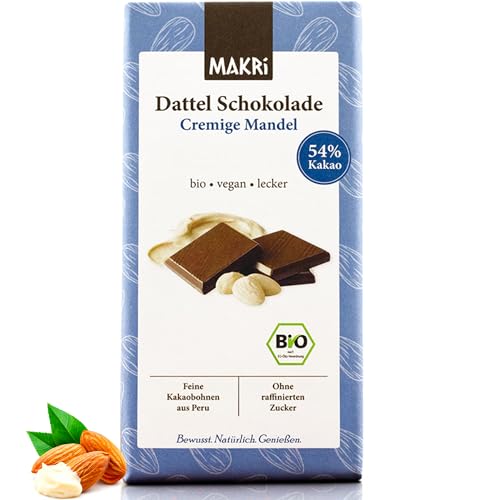 MAKRi Dattel Schokolade | Vegan & Bio Laktosefrei und Glutenfrei Ohne Zusatzstoffe | Dattelschokolade Ohne Raffinierten Zucker Schokolade mit Datteln Gesüßt (1 Tafel Cremige Mandel 54%)