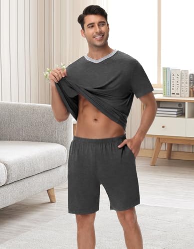 Mens Pajama Set Short Sleeve Sleepwear Summer Lightweight Pjs Set 2 Piece Comfy V-Neck Nightwear With Pockets S-3XL3