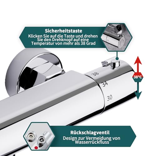 MORADO Duscharmatur Mit Thermostat, Mischbatterie Dusche Thermostat, Armatur Dusche, Brausestange mit Verbrühungsschutzventil, Chrom, Messing