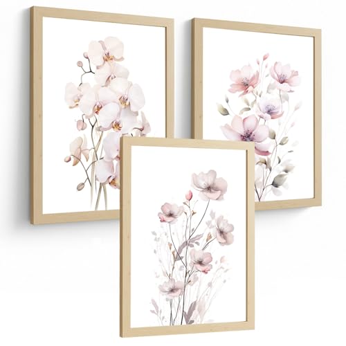 Affiches orchidées roses lot de 3 posters botaniques A4 cadre bois clair Nacnic