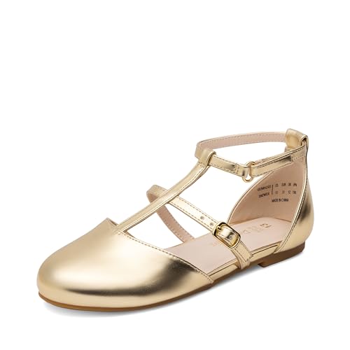 DREAM PAIRS Mary Jane Chaussures plates pour petites filles avec sangle en T, doré, 32 EU