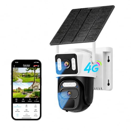 HAWKRAY - Cámara de seguridad celular 4G LTE para exteriores, funciona con energía solar, no necesita WiFi, lente dual, PTZ de 355°, visión nocturna a color, detección de movimiento PIR, conversación