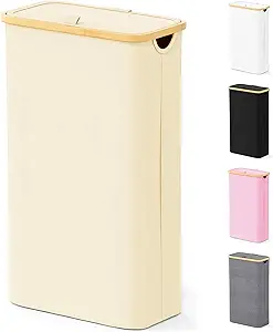 SpaceAid Slim Laundry Hamper with Lid, 65L Narrow Clothes Basket Bin with Bamboo Handles, Skinny Tall Collapsible Hamper for Bedroom, Bathroom, Dorm, Laundry Room - Beige