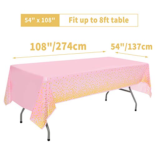 108"X54" 4 Packs Pink And Gold Disposable Party Tablecloth For Rectangle Table, Gold Stamping Dot Confetti Rectangular Plastic Table Cover, For Bachelorette, Girl Birthday And Baby Shower, Wedding #TOP3