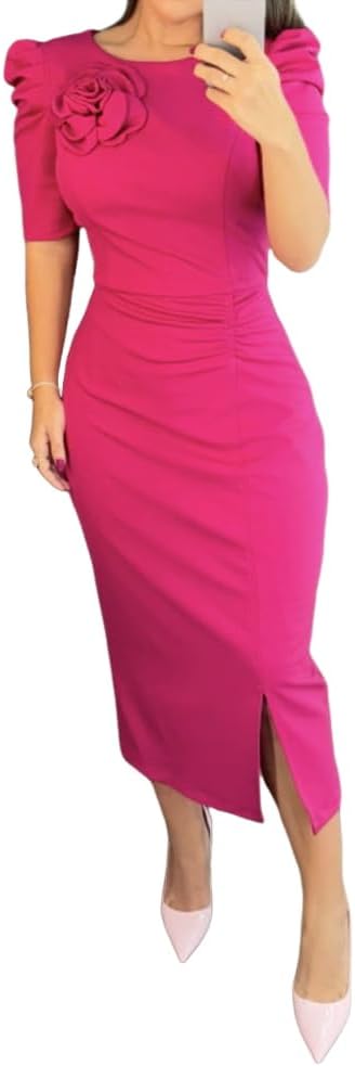Women's Bodycon Midi Dress Ruched Puff Sleeve Cocktail Pencil Dress Casual Slit Party Work Dresses