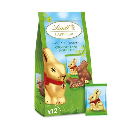 Lindt - Sachet de Moulages LAPIN OR - Chocolat au Lait et cœur croustillant noisettes - Idéal pour Pâques, 130g