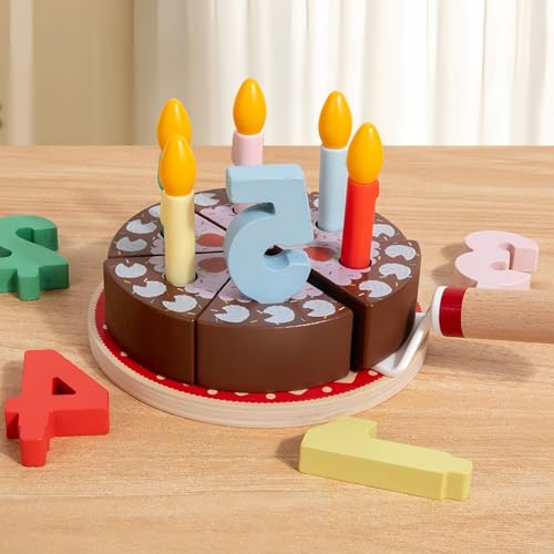 木製カットバースデーケーキおもちゃセット | 数字チョコ付きリアルケーキ | 包丁&プレイアクセサリー付き | 【創造力育成・ごっこ遊び・幼児教育に最適】