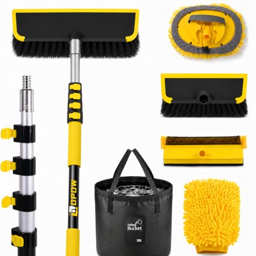 18FT Reach Car Wash Brush with Long Handle Car Wash Kit with 4.6-12 Telescoping Pole 20L Collapsible Bucket Microfiber Cleaning Mop Mitt Window Squeegee for RV Truck SUV Boat Solar Pane Washing