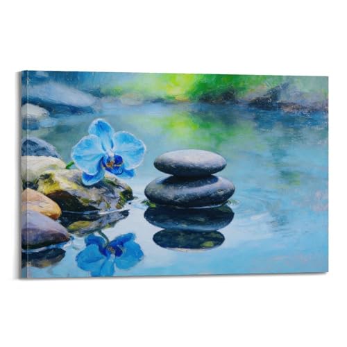 Toile orchidée bleue paysage zen avec reflet de l'eau tableau encadré 30cm