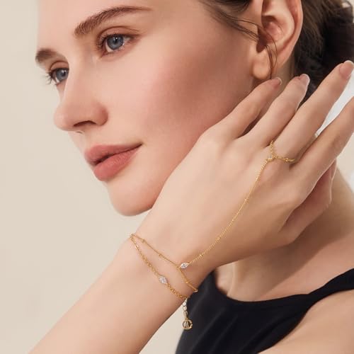 Cicy Bell Hand Chain Bracelet for Women 18k Gold Plated Layered Stackable Dainty Cubic Zirconia Satellite Bead Dot Link Finger Ring Bracelets Trendy Friendship Jewelry Accessories3