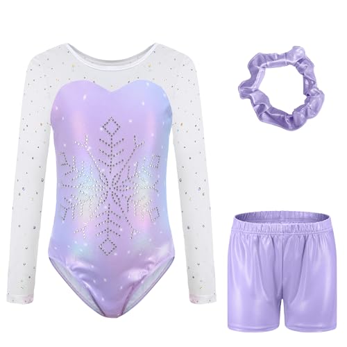 Sinooem Dreiteilige Gymnastikanzüge Für Mädchen Langärmelig Gymnastik Trikot Set mit Shorts und Haarband Gymnastik Outfit Glitzernde Schmetterlinge für 5-12 Jahre (Lila 7-8 Jahr)