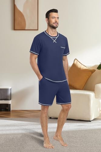 PrinStory Men's Pajamas Set Sleepwear Lightweight Short Sleeve Shirts and Shorts Soft 2 Piece Lounge Set Cozy Nightwear4