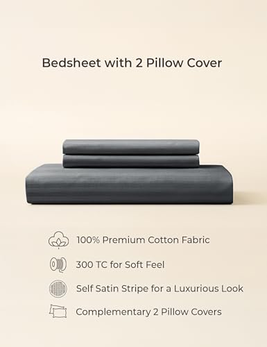 Image of Symbol Premium 100% Pure Cotton Soft Bedsheet for Double Bed - King Size (108x108 inches) with 2 Pillow Covers (27x17 inches) | 300 Threadcount