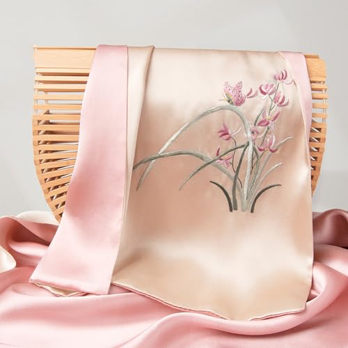 100% Mulberry Silk Scarf for Women, 2 Layer Floral Silk Scarf, Gift for Mom and Women, Gift Box and Bag2