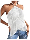 SweatyRocks Women's Fringe Sleeveless Halter Layer Tassel Tank Top Cami Halter Tops White L